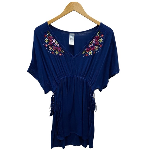 Time and Tru Blue Floral Embroidery Tassels Boho Tunic Top - Small - Picture 9 of 13